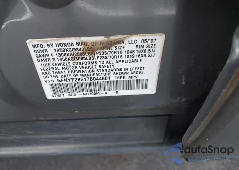 2007 Honda Pilot Ex-L z USA, uszkodzony, nr VIN 5FNYF28517B044601